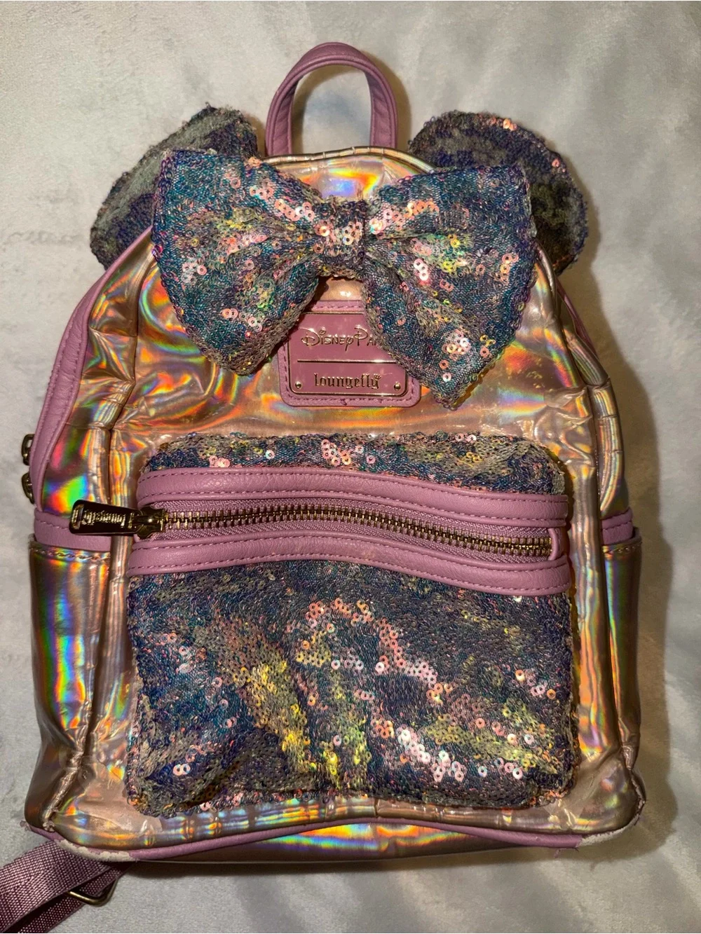 Loungefly Disney Parks Iridescent Pink Holographic Mini Backpack with Sequin Bow
